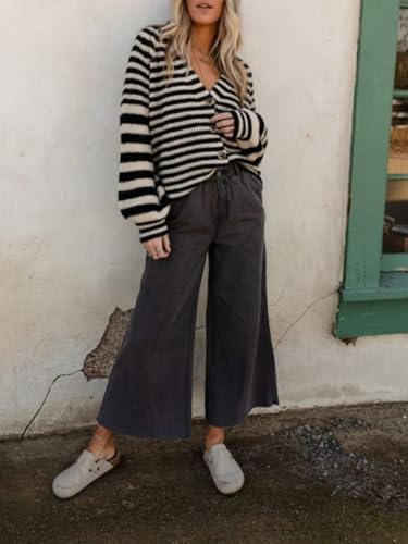 Womens Wide Leg Jeans Relaxed Frayed Bell Hems Boho Denim Pants Elastic High Waist Washed Trousers with Pockets4