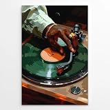 Vintage Vinyl Record Music Wall Art Black Man DJ Canvas Print Realistic Turntable Poster Hip Hop Decor Urban Retro Record Player Posters for Man Cave Music Lover’s Room 12x18inch Unframed