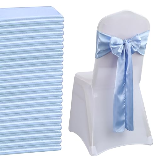 QeeFop Paquete de 50 Bandas de Satén para Decoración de Fiestas, Lazo en la Espalda, Pajarita de Satén Suave para Sillas de Bodas, para Marcos Arco Decoración Boda Banquete Fiesta (Azul)