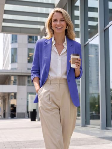 Image of Mina Self 2026 Summer Women's Linen Blazer Jacket - Lightweight Breathable 3 /4 Stretchy Ruched Sleeve Casual Work with Pocket
