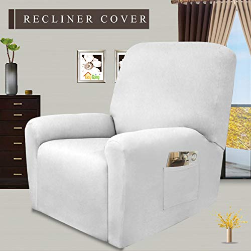 Image of Easy-Going 4 Pieces Microfiber Stretch Recliner Slipcover - Spandex Soft Fitted Sofa Couch Cover, Washable Furniture Protector with Elastic Bottom for Kids,Pet (Recliner,Snow,White