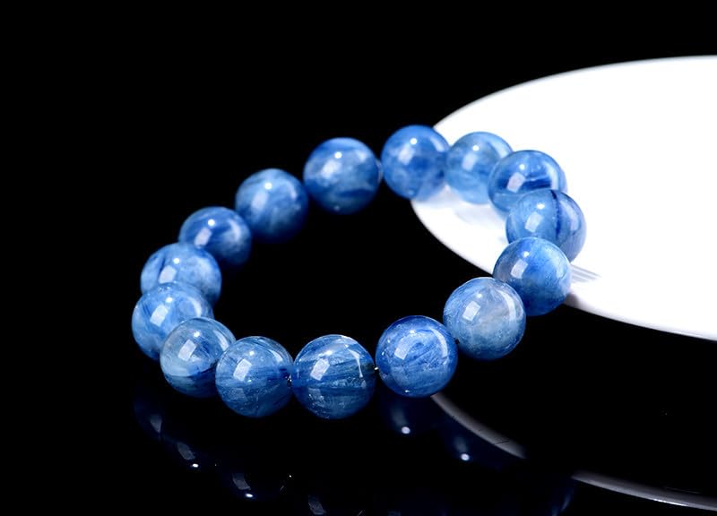Pulsera de Cuentas Redondas de Cristal de cianita Azul-Verde Natural – Patrón de Flores flotantes, Pulsera elástica de cianita simbiótica de Mina Antigua,16~16.8mm