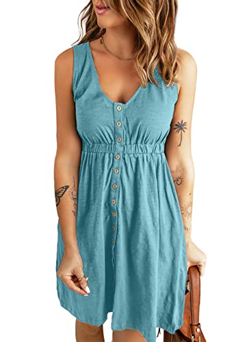 Acelitt Women Casual Summer V Neck Sleeveless A Line Dresses Pleated Button Down Swing Mini Dress Cyan Blue XL