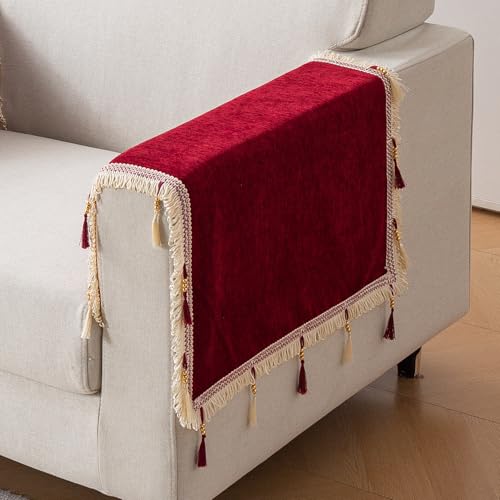 HOKIPO 'Serenity Tassel' Chenille Sofa Arm Cover with Tassels - 1 Pair | Crimson Ruby (IN-893-MRN*2)
