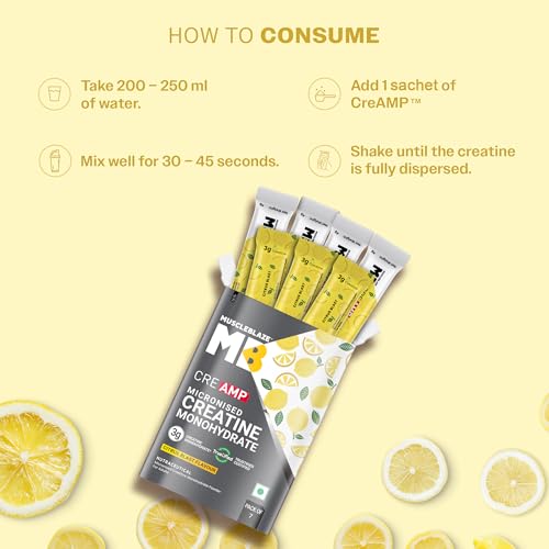 Image of MuscleBlaze Micronised Creatine Monohydrate CreAMP Powder, 7 Sachets | Citrus Blast | Trustified Certified Creatine