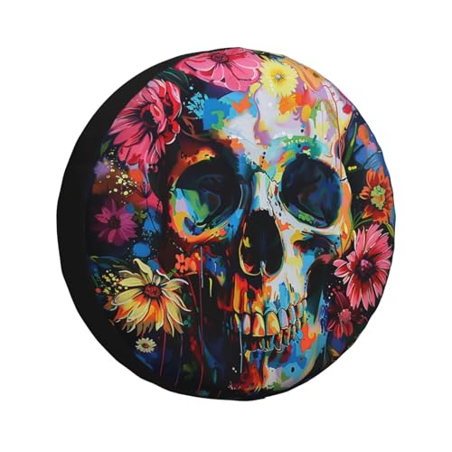 Image of Skull with Flower Spare Tire Cover Weatherproof Universal Halloween Decorations Wheel Protectors Wheel Covers for Rv Camper Travel Trailer SUV Truck 16 Inch