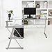 mecor L-Shaped Corner Computer Desk with Shelf, Glass Laptop Home Office Furniture, Glass & Metal, Clear