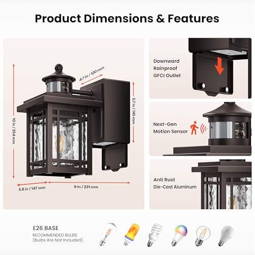 Image of Gleamz Outdoor Porch Light with Outlet, 2-Pack Motion Sensor Outdoor Porch Lights, Oil Rubbed Bronze Dusk to Dawn Outside Garage Lights for House, Waterproof Front Door Light Fixture for Patio, Coach