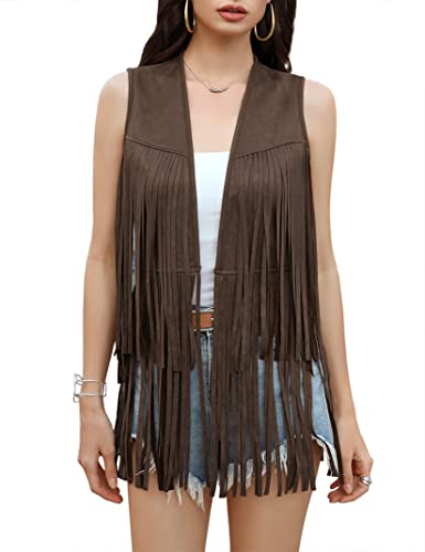 KOJOOIN Women's Fringe Vest 70s Hippie Faux Suede Rivets Sleeveless Fringe Jacket Dark brown S