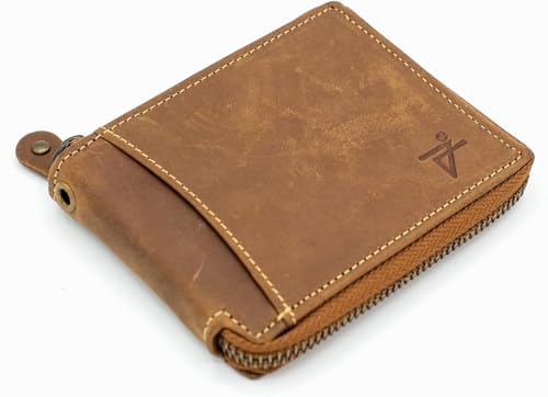 RFID Safe Leather Bi-fold Chain Wallet for Men Zip around Purse for Women Biker's Trucker YKK Metal Zipper Closure Filp up window ID (Vintage Brown without Chain)3