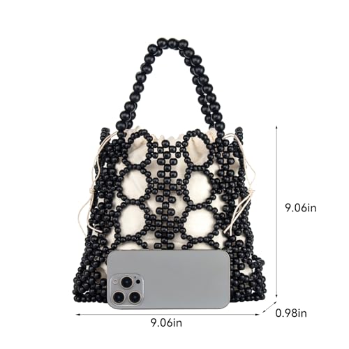 Image of YYW Unique Handmade Wooden Bead Tote Bag for Women, Small Handwoven Clutch Purses Woven Bucket Handbag and Drawstring Handbag