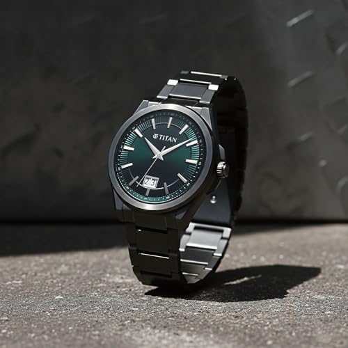 Image of Titan Classique Big Date Analog with Green Dial Dark Gun Stainless Steel Strap Watch for Men - 90219QM01