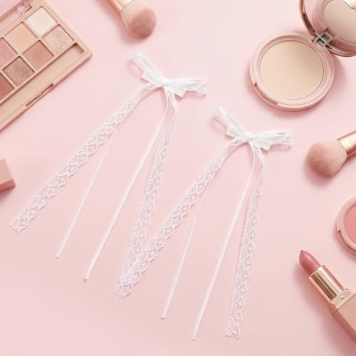 2 Piezas Lazos de Encaje Blancos para el Cabello con Cola Larga, Pinzas de Lazo Coquette para Mujer, Elegantes Barrettes de Cinta con Clip de Cocodrilo, Accesorios para el Cabello de Boda para Niñas y Adolescentes miniatura 7