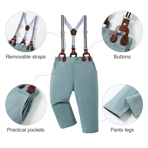 Image of nilikastta Baby Boy Wedding Outfits Infant Baby Boy Clothes Suit Dress Shirts /Suspender Pants /Bowtie /Beret Hat 0-18M