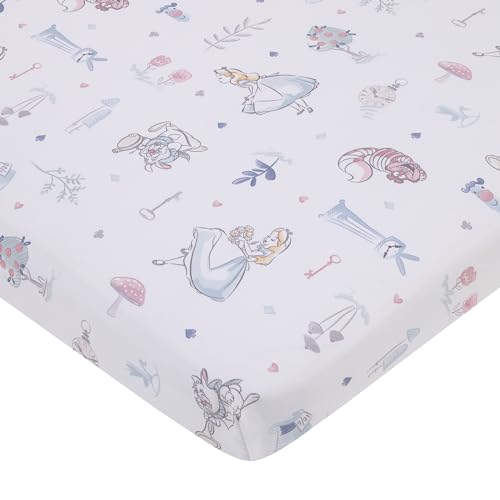 Image of Disney Alice in Wonderland Light Blue, Pink, and White, Rabbit, and Cheshire Cat Super Soft Nursery Fitted Mini Crib Sheet
