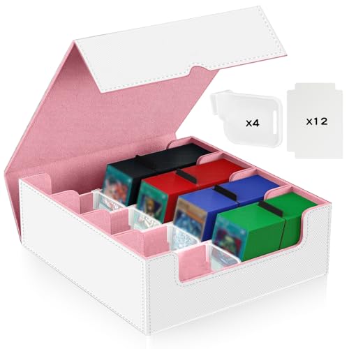 デッキケース 3000枚以上収納 4列 マグネット内蔵 トレカケース ケース PUレザー 12枚仕切り付き (ホワイト+ピンク)