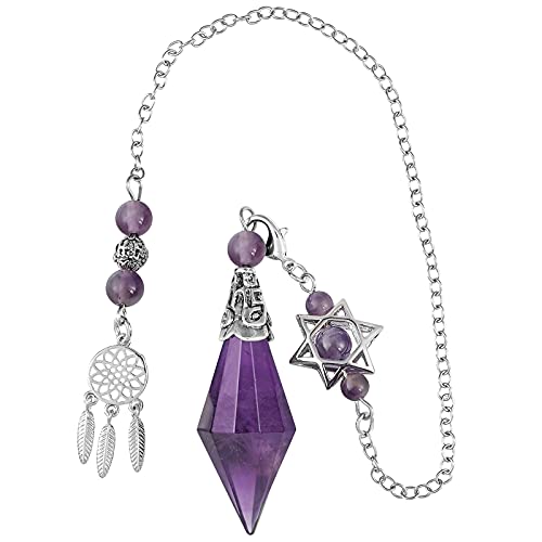 TUMBEELLUWA Reiki Healing Crystal Point Pendulum Dowsing Divination, Reiki Meditation Faceted Stone Pendant with Dream Catcher and Merkaba Star Chain, Amethyst