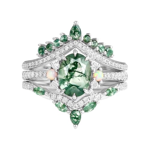 3PCS Oval Cut Gemstone Wedding Ring Set Bridal Set 1 CT Gemstone with Moss Agate and Opal Engagement Rings for Women S925 10K 14K 18K Gold Unique Anniversary Promise Rings Size 4-13