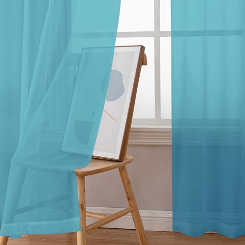 Image of Simplebrand Turquoise Sheer Curtains 63 Inch Length 2 Panels, Rod Pocket Solid Color Window Sheer Curtain Panels, Elegant Curtains & Drapes for Living Room, Bedroom 2 Panels (Turquoise, 42 inch W x 63 inch L)