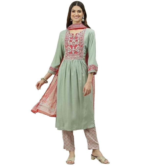 Image of BIBA Women Rayon Viscose Gathered Solid Suit Set