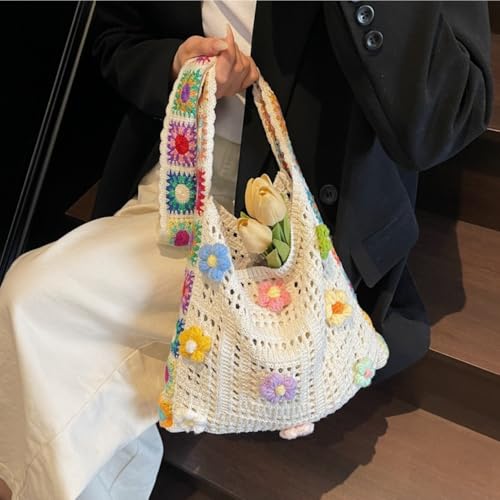 Crochet Knit Boho Shoulder Bag for women, Hollow Out Embroidery Crossbody Bag Tote Handbag for travel,beach,work3