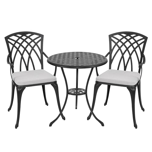 Image of NUU GARDEN Outdoor 3 Piece Bistro Set, All Weather Cast Aluminum Patio Bistro Set Patio Table and Chairs Set of 2 with Umbrella Hole and Grey Cushions for Backyard, Balcony, Lawn, Black