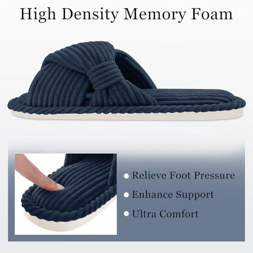 Image of Evshine Summer House Slippers for Women Corduroy Cross Bow Indoor Slippers Open Toe Slip On Bedroom Shoes with Memory Foam