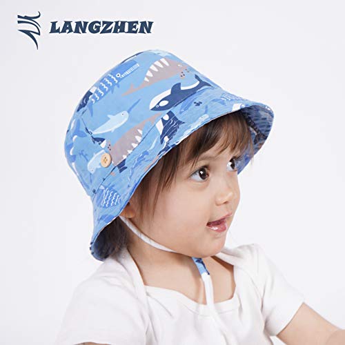 Image of LANGZHEN Sun Protection Hat for Kids Toddler Boys Girls Wide Brim Summer Play Hat Cotton Baby Bucket Hat with Chin Strap