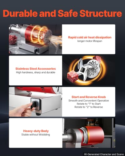 Image of VEVOR, 661 Lbs /Hour800 W Machine, 1.5 HP Electric Mincer with 2 Grinding Plates, Sausage Kit Set Meat Grinder Heavy Duty, Home Kitchen & Commercial Use Red, 800 W