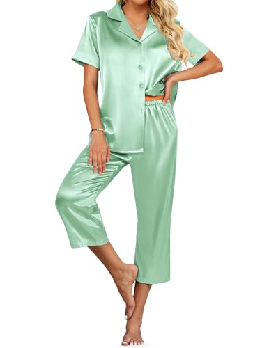 Image of Ekouaer Womens Satin Silky Capri Pajamas Short Sleeve Button Down Sleepwear