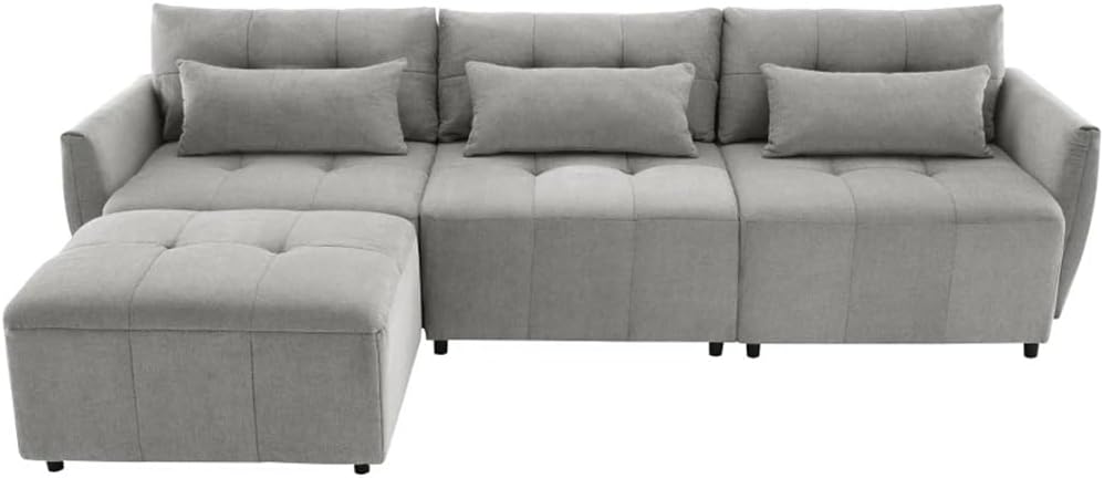 113.3" Couch, 3-Seat L-Shaped Sofa with Movable Ottoman and,Convertible Sectional Sofa for Apartment,Living Room,Gray