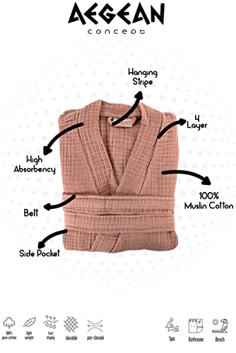 Aegean Concept - Muslin Bathrobe Turkish 100% Cotton | Unisex - Men And Women | Super Absorbent, Sustainable And Cozy, Breathable And Fast Dry - Bath, Beach, Pool, Spa, Shower, Gym [Blush-L] #TOP1