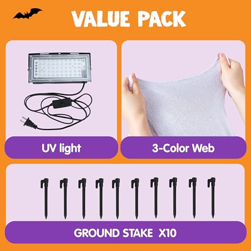 Image of JOYIN 1000sqft Halloween Spider Web Decoration Outdoor, Glow-in-the-Dark Giant Spiderweb, DIY Stretchy Flexible Beef Netting in White (Blue at Night) for Neon Decor Indoor Party Haunted House Prop