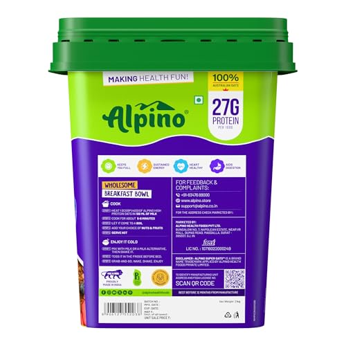 Image of ALPINO 27% High Protein Oats Dark Chocolate 2 kg - Rolled Oats, Protein Blend, Jaggery Powder, Cocoa Powder, Nuts & Seeds - 27g Protein, Source of Dietary Fibre & Healthy Fats, No Refined Sugar & Salt
