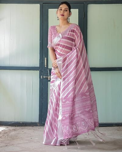 Image of Kaugalian store Linen Cotton Floral Printed Saree for Women with Unstitched Blouse Piece | 5.5 M Saree & 0.8 M Blouse