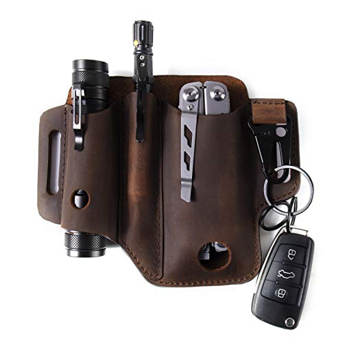 Gentlestache Multitool Sheath for Belt, Edc Belt Organizer for Men, Leather Multitool Pouch with Pen Holder, Flashlight Sheath,Key Fob, Leather EDC Pouch Darkbrown
