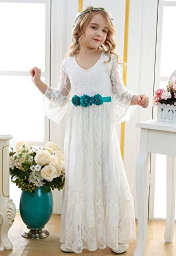Bow Dream Vintage Boho Lace Flower Girl Dress for Wedding Long Sleeves Pageant First Communion 2T to 12 Years Old2