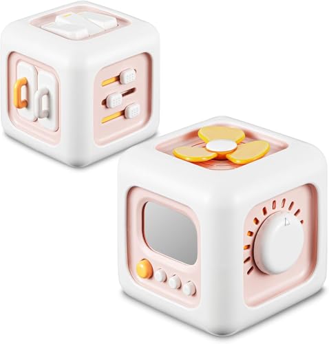 Image of Brand Conquer Montessori Busy Cube for Toddlers 1-3,Car Travel Toys Busy Board Activity Cube,Learning Stocking Stuffers Educational Birthday Gifts Sensory Baby 12-18 Months (Fan Learning 6 in 1 Pink)