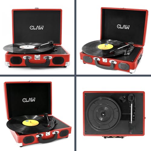 Image of Claw Stag Portable Vinyl Record Player Turntable with Built-in Stereo Speakers, Volume Control Knob, AUX Input and RCA Output, 78 RPM Speed, High Qualiy Diamond Stylus and Headphone Jack (Red)