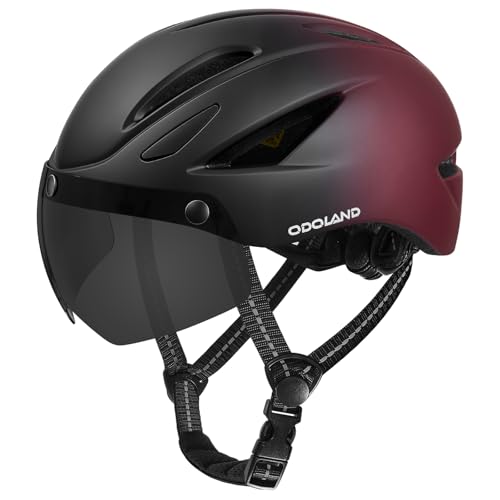 Odoland Casco de Bicicleta para Adultos con Gafas Magnéticas Desmontables Casco de Ciclismo para Bicicleta de Carretera de Montaña Casco de MTB Ligero para Hombres y Mujeres, Negro y Rojo Degradado