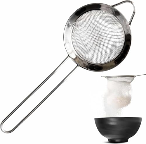 CHEFZOCO Colador de cocina con mango, Escurridor acero inoxidable,Cedazo de acero con mango, Tamiz de cocina, Longitud 25 cm, Diámetro colador 10 cm, Fondo colador 5.2 cm, Acero inoxidable