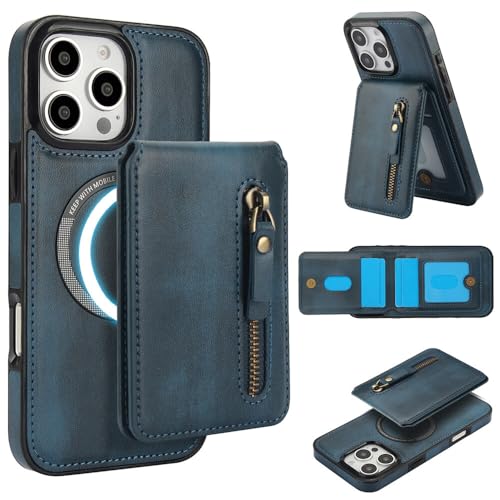 Étui iPhone 17 cuir bleu rabat portefeuille amovible fermeture éclair