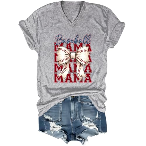 Baseball Mama Shirt Baseball Coquette Bow T-Shirt, Baseball Mama Tee V-Neck Gray