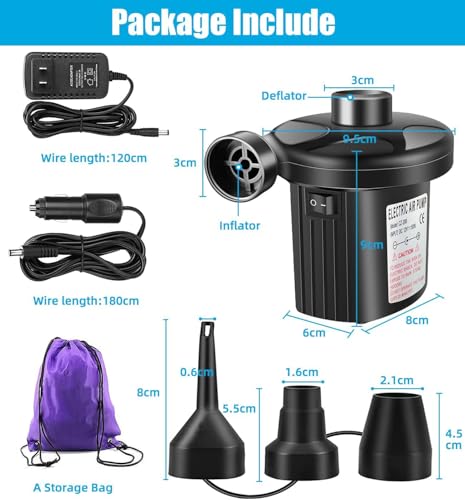 Electric Air Pump, 110V AC/12V DC Portable Air Mattress Pump Two-Way Universal Inflator Electric Pump for Inflatable Pool, Air Beds, Etc with 3 Nozzles and 1 Storage Bag