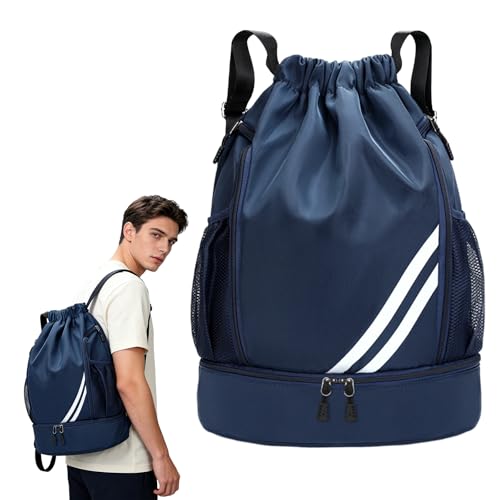 MJFENDAI Turnbeutel Sportbeutel mit Kordelzug, Verstellbar Tunnelzug Rucksack, Sporttasche Kinder mit Ballfach Bodenfach Wasserdicht Rucksack für Erwachsener Jugend, Sport und Reisen (Blau)