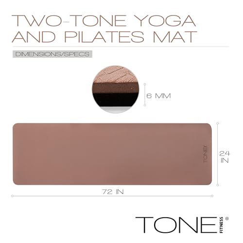 TONE Fitness Yoga Mat 1/4\" Thick Non Slip Exercise & Pilates Mat for Home Workouts with Carrying Strap | V Pattern | Black/Mocha