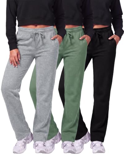 Image of Real Essentials 3 Pack: Women's Relaxed Fit Fleece Open Bottom Sweatpants - Casual Athleisure (Available in Plus)
