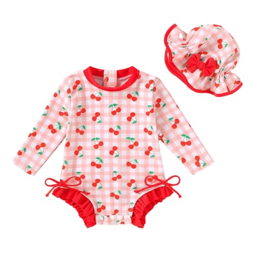 YOUNGER TREE Infant Baby Swimsuit Girl Long Sleeve One-Piece Rash Guard with Hat Zipper Bathing Suit Printed Swimwear (Grid Cherry 0-3 Months)