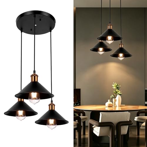 FIRVRE Lustre Industriel Noir, Luminaire Plafonnier Suspendu Vintage, Abat-jour Rétro en Fer, Réglable en Hauteur pour Cuisine Île Salle À Manger Café...