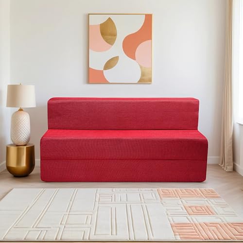 Image of Amazon Brand - Solimo 4 Seater 6 * 6 Jute Fabric Washable Cover Sofa Cum Bed 4 Seater Double Foam Fold Out Sofa Cum Bed (Finish Color - Maroon Delivery Condition - Pre-Assembled)